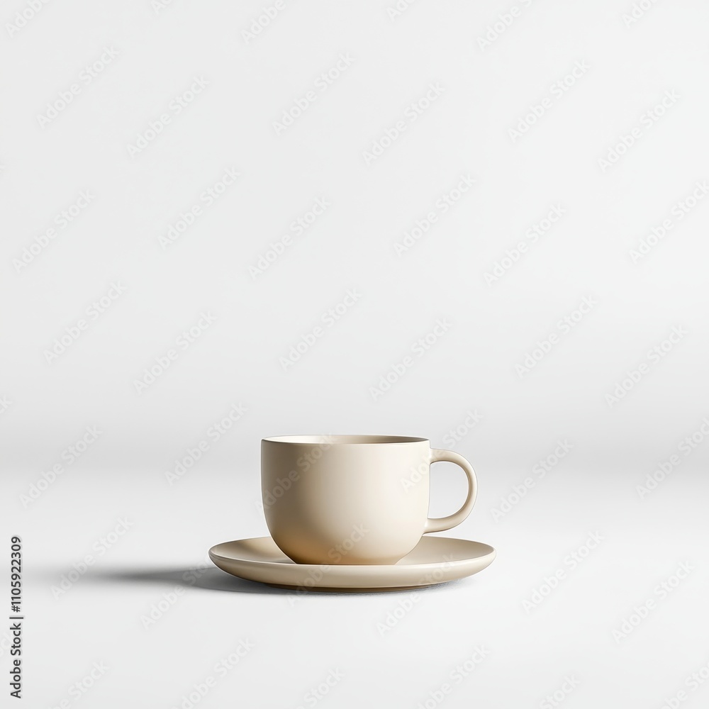 Minimalist Ceramic Coffee Cup with Saucer on Plain Background Minimalist Ceramic Coffee Cup with Saucer on Plain Background