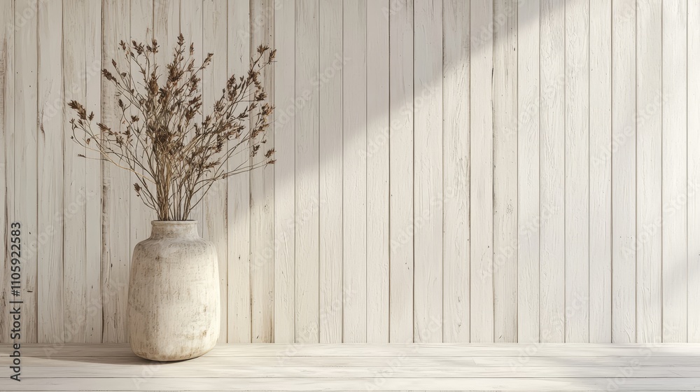 Minimal Vertical Wood Paneling with Whitewashed Vase and Dried Floral Arrangement Minimal Vertical Wood Paneling with Whitewashed Vase and Dried Floral Arrangement