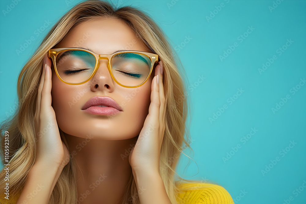Woman with Blonde Hair and Yellow Glasses, Calmly Posing Against a Teal Background Woman with Blonde Hair and Yellow Glasses, Calmly Posing Against a Teal Background