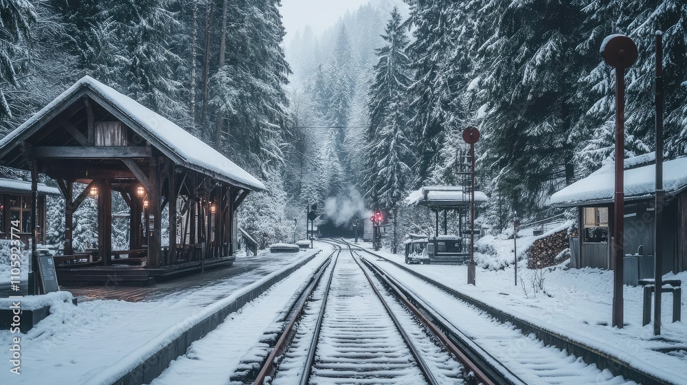 Snow-blanketed tracks and empty platform surrounded by tall pines and rustic wooden structures