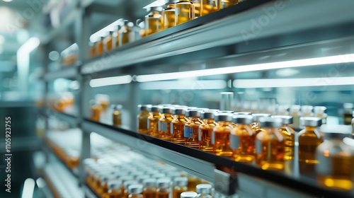 A neat arrangement of bottles lined up in a laboratory, showcasing scientific equipment and research materials. 