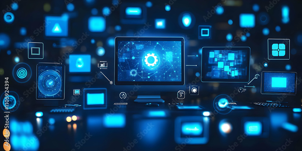 Digital Network, Interconnected Devices and Data Systems Illuminate the Modern Technological Landscape Digital Network, Interconnected Devices and Data Systems Illuminate the Modern Technological Landscape