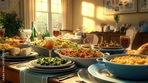 A family-style dining table setup with a hearty meal, including pasta, bread, and vegetables, all served in large bowls for sharing 
