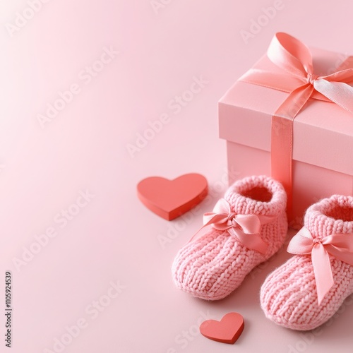 Adorable pink baby booties next to a gift box and heart-shaped decorations on a soft background, perfect for newborn celebrations.