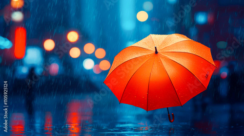 Wallpaper Mural An orange umbrella stands out against a rainy cityscape, illuminated by the glowing lights of the urban night. Torontodigital.ca