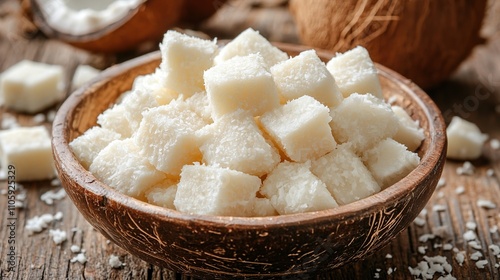 Close-up of a wooden bowl filled with coconut cubes, alongside halved coconuts and shredded coconut on a rustic wooden surface.