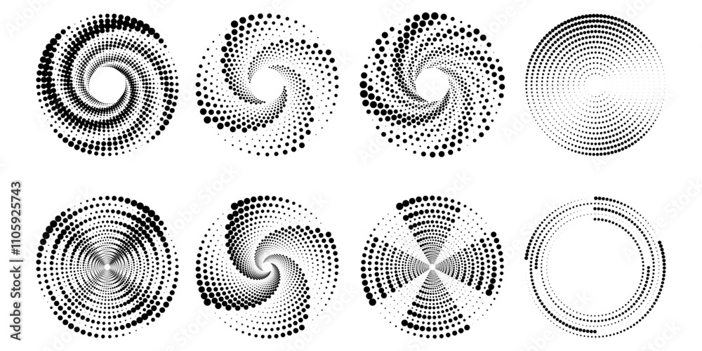 Set of halftone round dotted frames. Design element for frame, logo, web pages, prints, posters, template. Set of halftone round dotted frames. Design element for frame, logo, web pages, prints, posters, template.