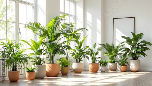 Bright, minimalist room with lush green plants in ceramic pots along sunlit windows, creating a serene and natural indoor environment.