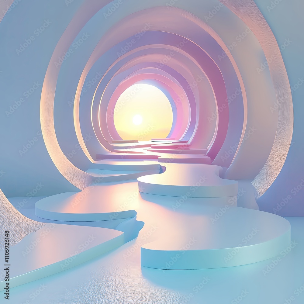 Obraz premium Business and self-development of A 3Drendered abstract pathway curving through floating pastel platforms, representing a journey toward success with a light in the distance