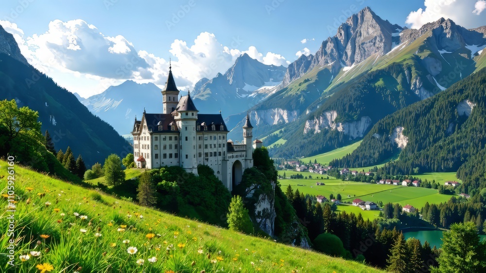 Fototapeta premium Vaduz Castle, Liechtenstein Alps, Scenic Summer Landscape