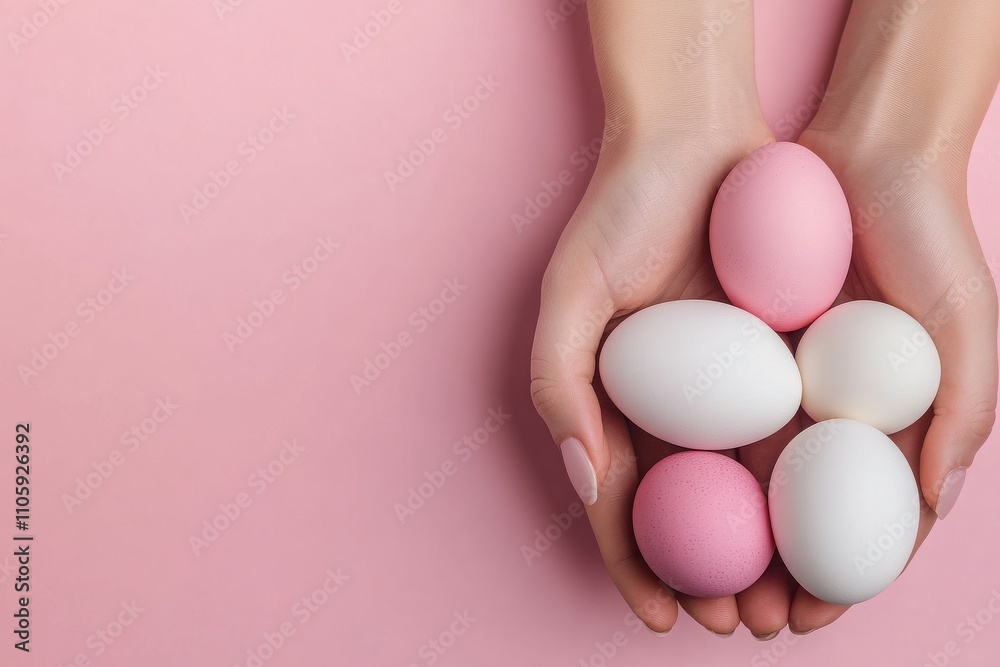 Colorful eggs held in hands against a soft pink background, symbolizing Easter and festivities, perfect for seasonal themes. Colorful eggs held in hands against a soft pink background, symbolizing Easter and festivities, perfect for seasonal themes.