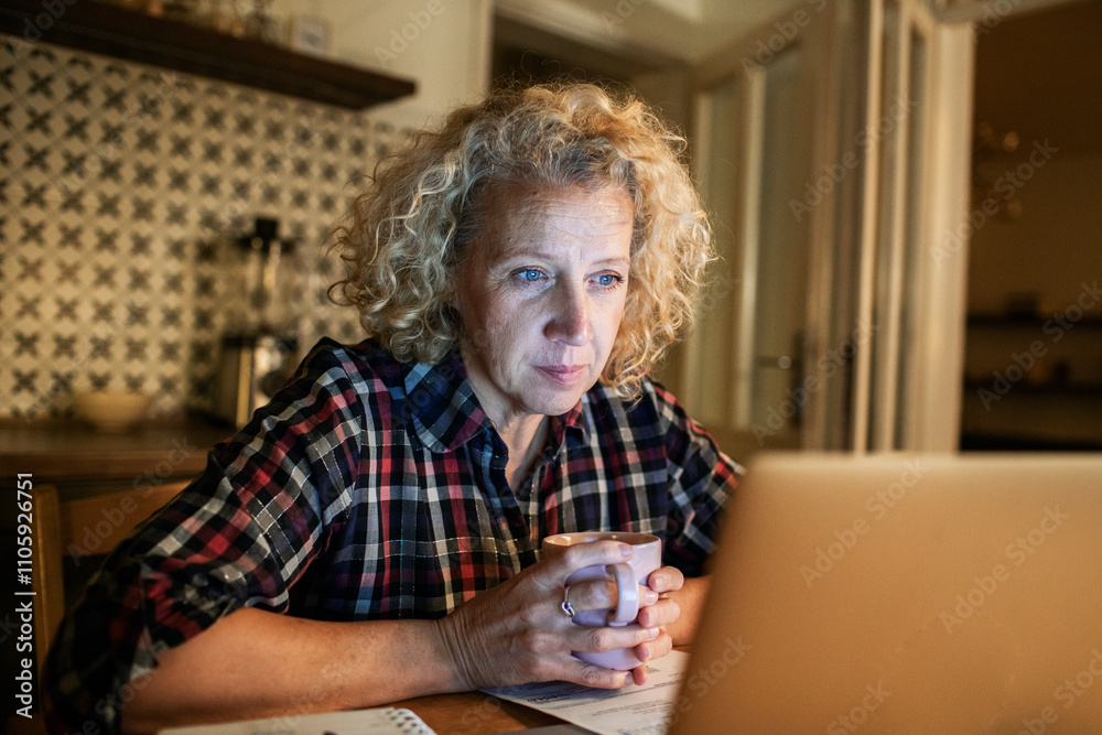 Senior woman working with laptop and paperwork at home during night Senior woman working with laptop and paperwork at home during night