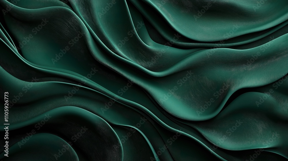 Obraz premium Abstract fluid wave pattern with textured dark green surface resembling flowing fabric or liquid curves