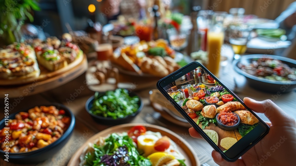 restaurant owner takes a picture of the food on the table with a smartphone to post on a website. Online food delivery, ordering service, influencer, review, social media, share, marketing, interest. restaurant owner takes a picture of the food on the table with a smartphone to post on a website. Online food delivery, ordering service, influencer, review, social media, share, marketing, interest.