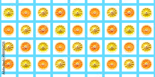 Patrón reticular de media naranja y medio limón y cuadrícula azul. Fresco, veraniego