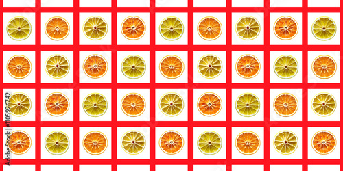 Patrón reticular de media naranja y medio limón y cuadrícula roja. Fresco, veraniego