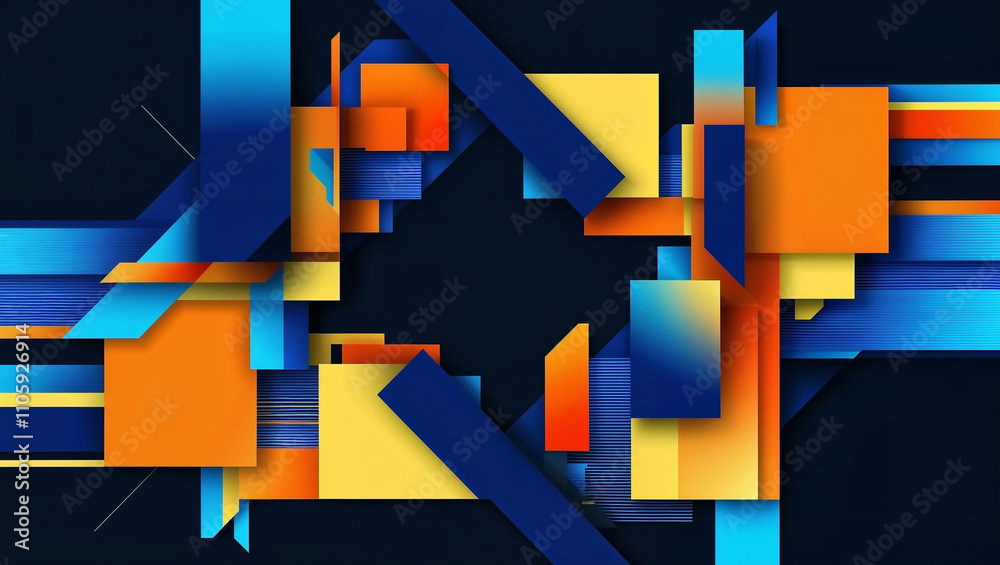 Geometric abstract design with vibrant blue, yellow, and orange shapes on dark background.