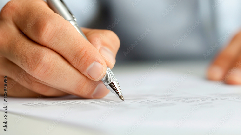 Close-up of a hand writing with a pen on paper. Represents business, signing, or documentation work in a professional setting. Close-up of a hand writing with a pen on paper. Represents business, signing, or documentation work in a professional setting.