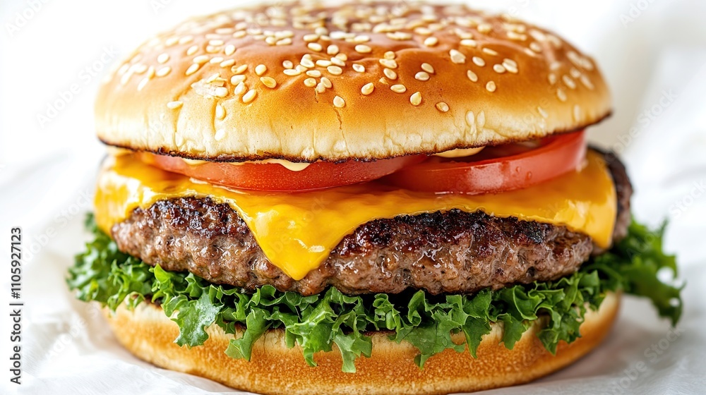 Juicy cheeseburger with lettuce, tomato, and sesame seed bun. Juicy cheeseburger with lettuce, tomato, and sesame seed bun.