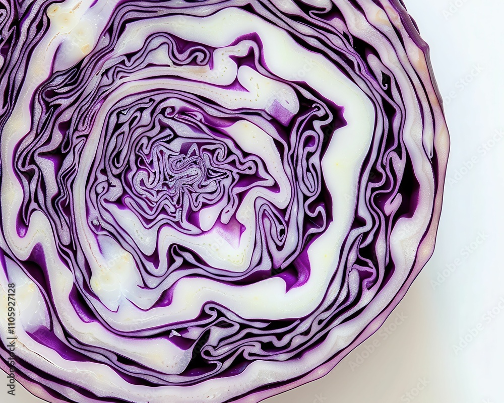 Obraz premium A close-up view of a sliced red cabbage showcasing its intricate, spiraled layers with vibrant purple and white patterns.