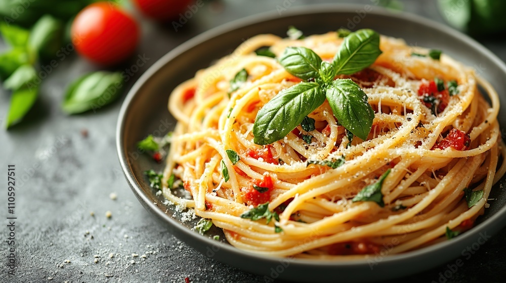 Delicious spaghetti with tomato sauce, basil, and parmesan cheese. Delicious spaghetti with tomato sauce, basil, and parmesan cheese.