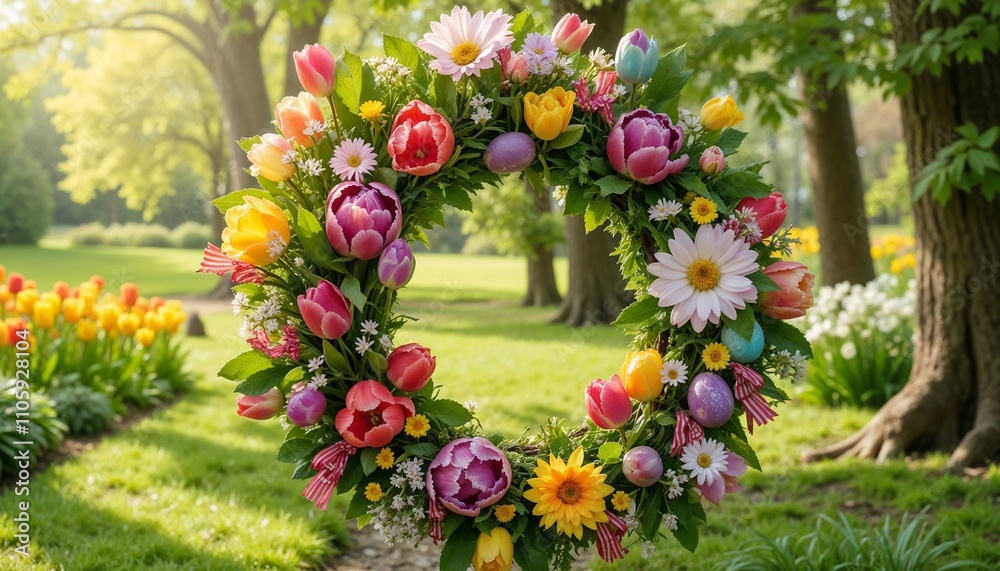 Spring flower wreath in sunny garden. Easter wreath of bright spring flowers with green leaves on the background of nature, park. Spring flower wreath in sunny garden. Easter wreath of bright spring flowers with green leaves on the background of nature, park.