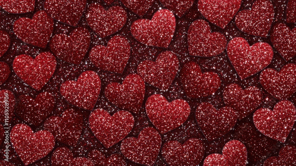 Red glittery hearts background for love themes.