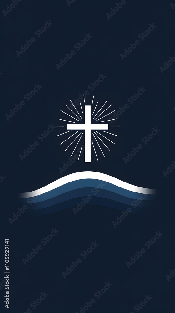 Modern christian background with cross and blue rays on dark blue background vector illustration white line drawing Modern christian background with cross and blue rays on dark blue background vector illustration white line drawing
