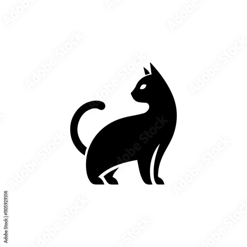 Black silhouette of cat, isolated on white background. Flat vector illustration.