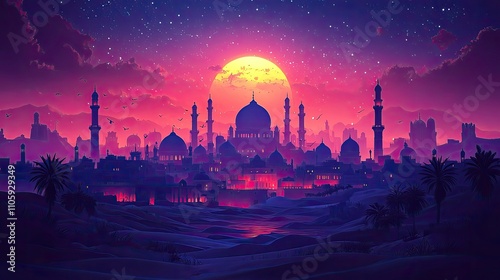 Night ancient arab city in desert cartoon landscape. Dark old arabian building in Egypt town. Muslim village with traditional market cityscape. East architecture in oasis panorama illustration