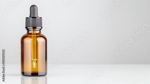 Elegant Amber Glass Bottle with Dropper - Close-Up of a Single Drop Forming Minimalistic Setup with Detailed Reflections for Product and Lifestyle Photography