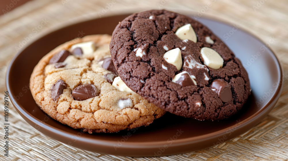 Close-up of cookies with chip on a brown plate Close-up of cookies with chip on a brown plate