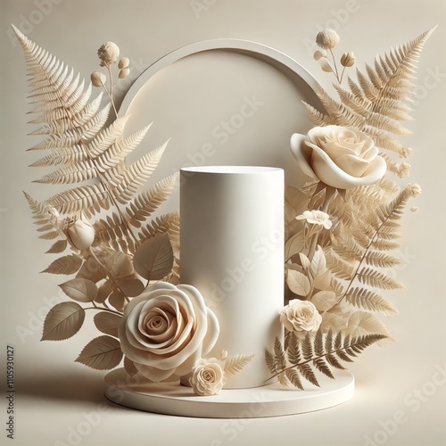 : Minimalist Floral Arrangement with Roses, Ferns, and Cylindrical Pedestal