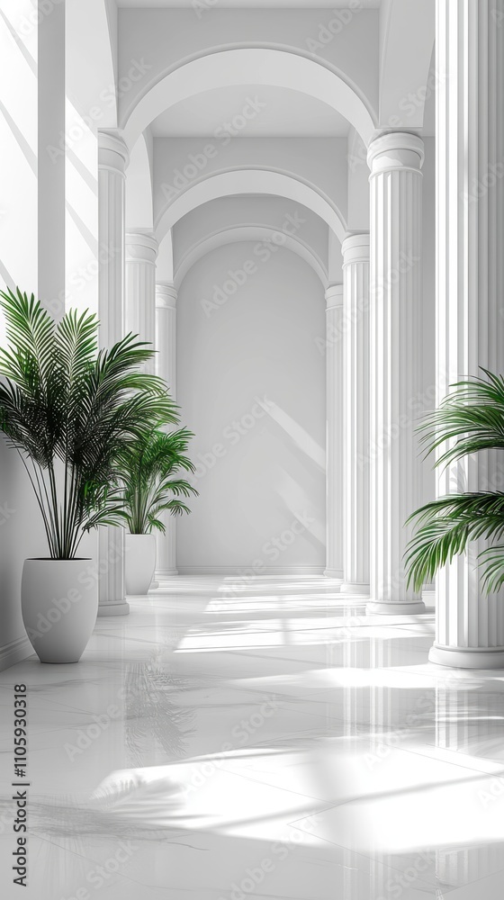 Bright minimalist interior with lush greenery and elegant columns, creating a serene atmosphere. Bright minimalist interior with lush greenery and elegant columns, creating a serene atmosphere.