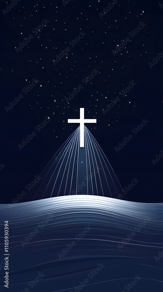 Naklejka premium Modern christian background with cross and blue rays on dark blue background vector illustration white line drawing