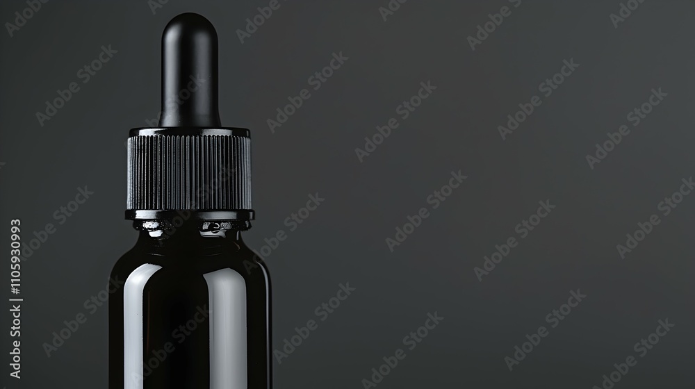 Elegant Dark Glass Dropper Bottle with Droplet - Minimalistic Setup Showcasing Soft Reflections and Light on Liquid Perfect for Wellness and Beauty Concepts