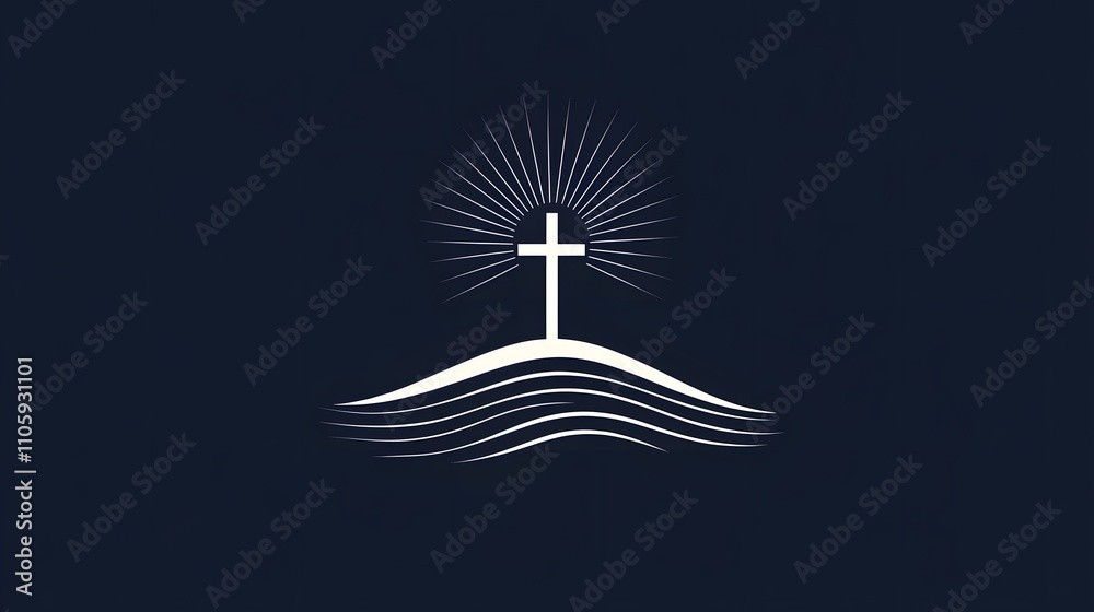 Modern christian background with cross and blue rays on dark blue background vector illustration white line drawing