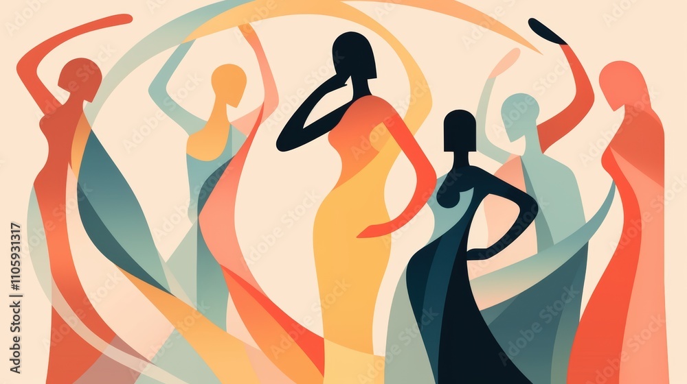 Abstract silhouettes of diverse women dancing gracefully with flowing colors. Abstract silhouettes of diverse women dancing gracefully with flowing colors.
