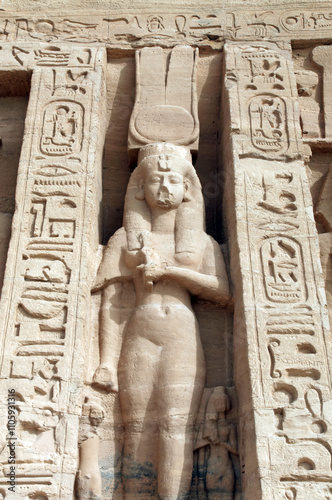 Statue of Queen Nefertari on the façade of the Small Temple, Abu Simbel Egypt
