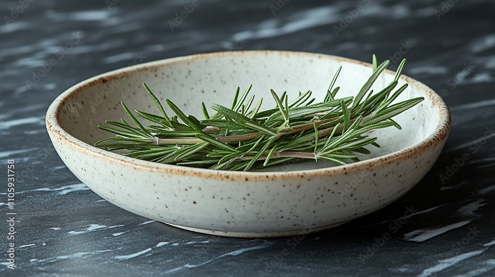 Fresh rosemary sprigs in a small, speckled bowl on a dark marble surface. Fresh rosemary sprigs in a small, speckled bowl on a dark marble surface.