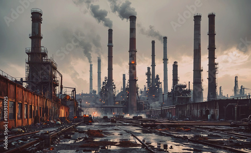 Large industrial area with many tall smokestacks. The sky is cloudy and the ground is wet