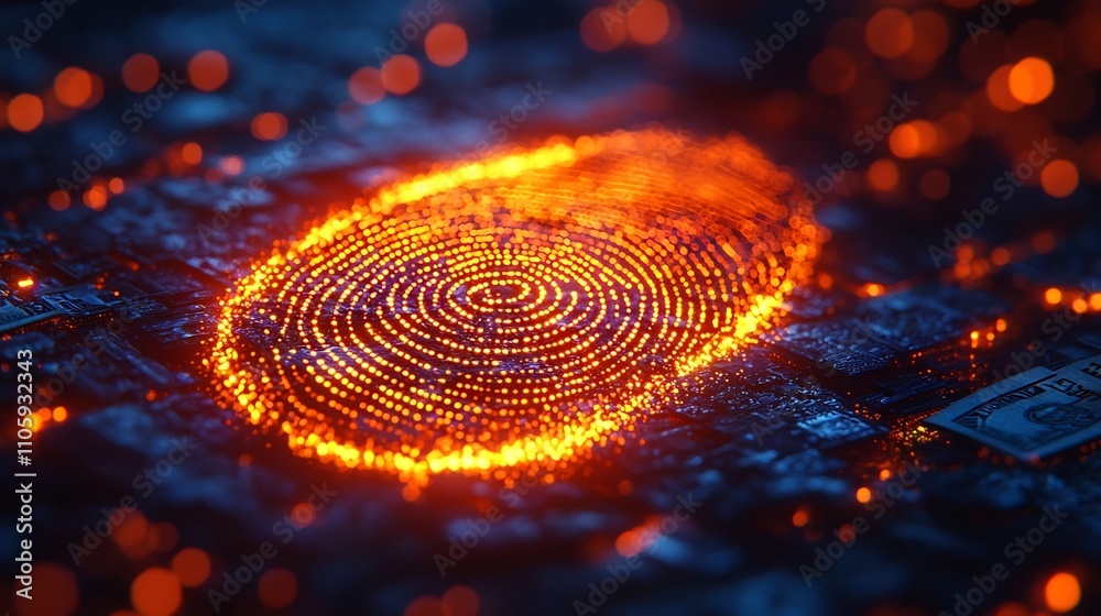 Glowing Digital Handprint Over Stacked Currency Symbolizing Biometric Authentication and Fraud Prevention in Finance Glowing Digital Handprint Over Stacked Currency Symbolizing Biometric Authentication and Fraud Prevention in Finance
