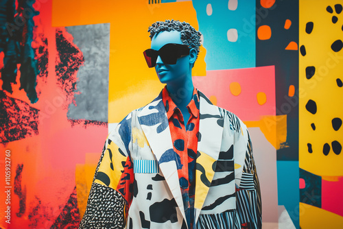 A mannequin dressed in bold, abstract, and colorful patterns with sunglasses, set against a vibrant background

 photo