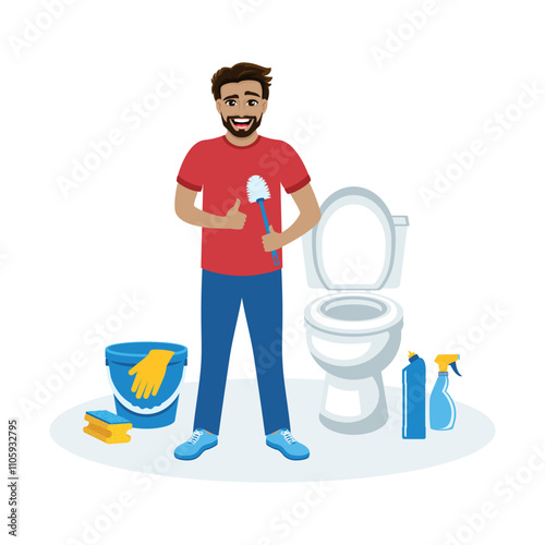 Smiling man cleaning the toilet vector illustration. Happy man cleaning home icon set. Cheerful man with toilet brush and cleaning tools. Man cleaner with thumbs up vector. Guy doing housework