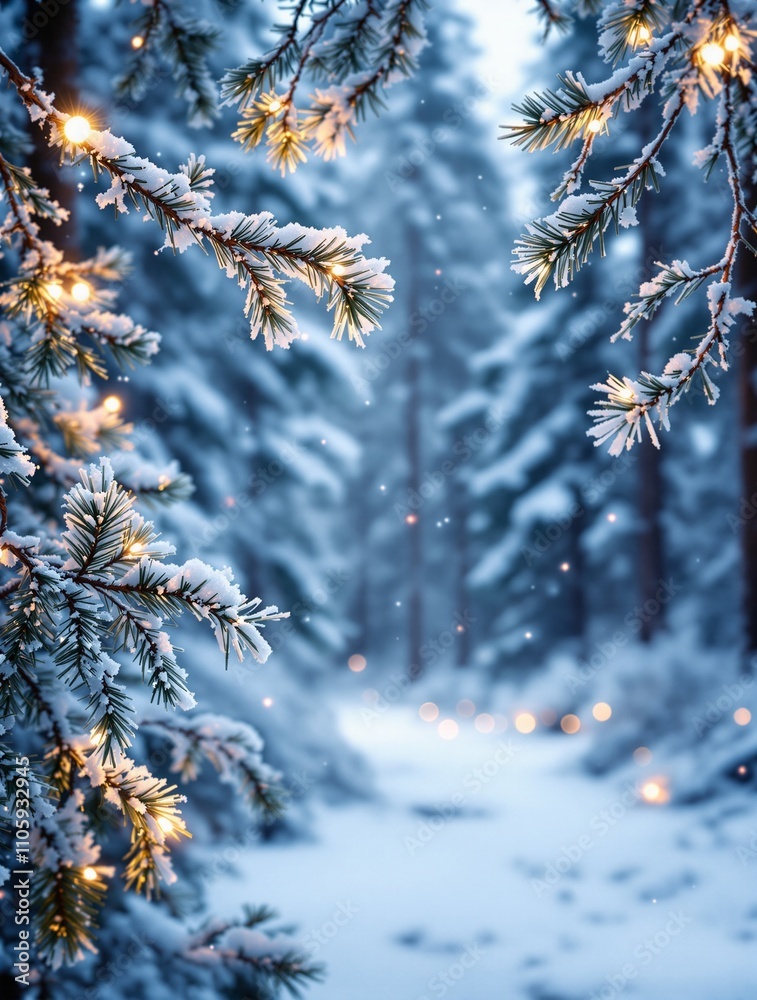Snowy Winter Forest with Christmas Lights and Soft Snowfall Snowy Winter Forest with Christmas Lights and Soft Snowfall