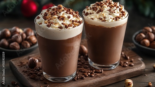 Two glasses of rich chocolate hazelnut drink topped with whipped cream and chocolate shavings. Nuts and coffee beans are scattered nearby. Festive background.