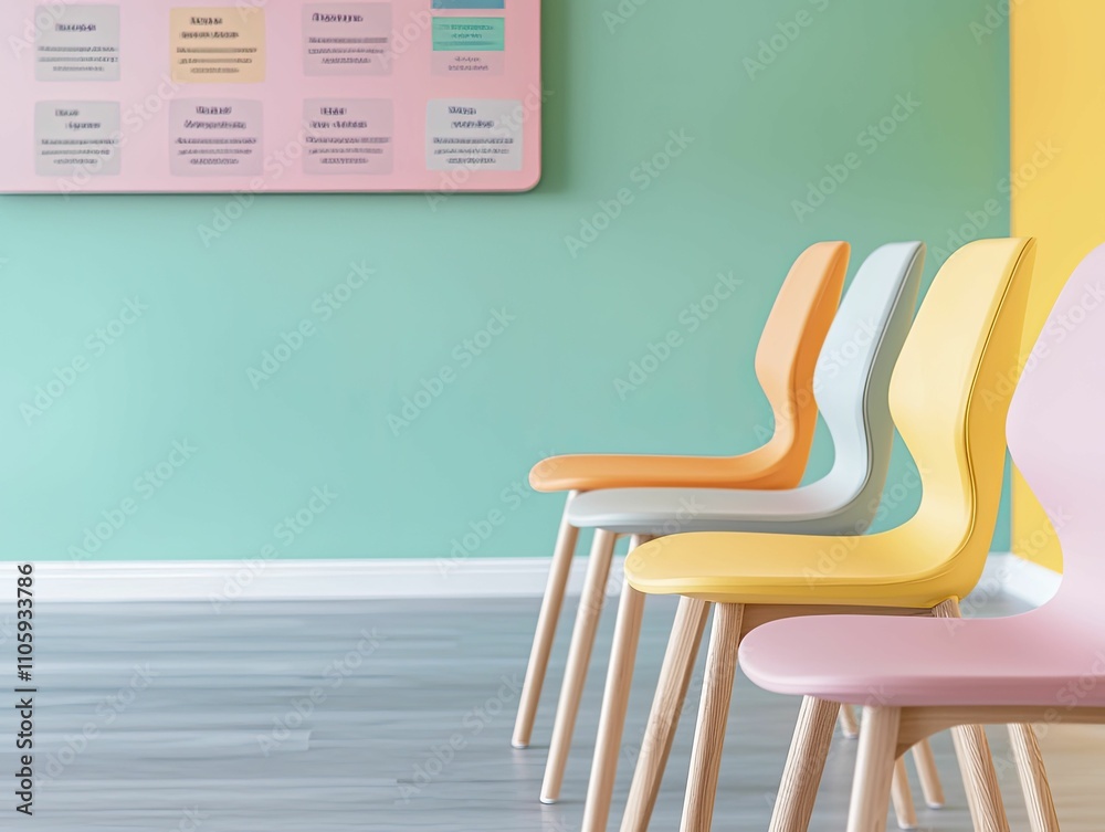 Fototapeta premium Cyberbullying education setup with vibrant colors and mixed materials podium, front view focus, with an interactive wall featuring statistics and quotes background.