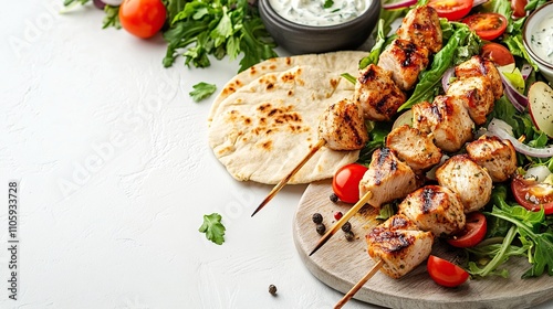 Grilled chicken souvlaki skewers with fresh salad, pita bread, and tzatziki sauce on a white background.