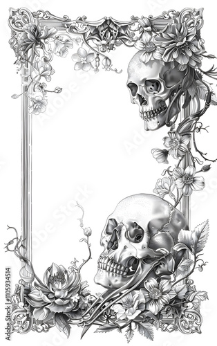 Detailed gothic frame adorned with skulls and floral motifs, suited for darkthemed projects. Ideal for admirers of macabre or Victorian styles, seeking an intricate design