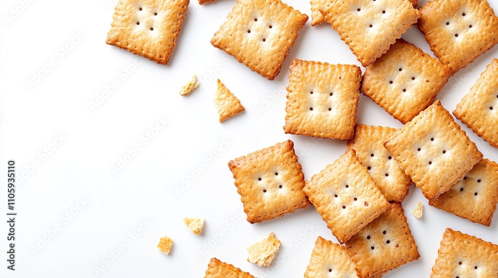 Square crackers scattered on white background, some broken pieces visible, copy space. Square crackers scattered on white background, some broken pieces visible, copy space.
